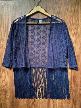 H&M Divided Navy Blue Sheer Floral Lace Fringe Kimono Shrug Small